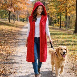 Hand Crafted Long Cardigan Hooded Vest Crochet Red Sleeveless Boho Festival